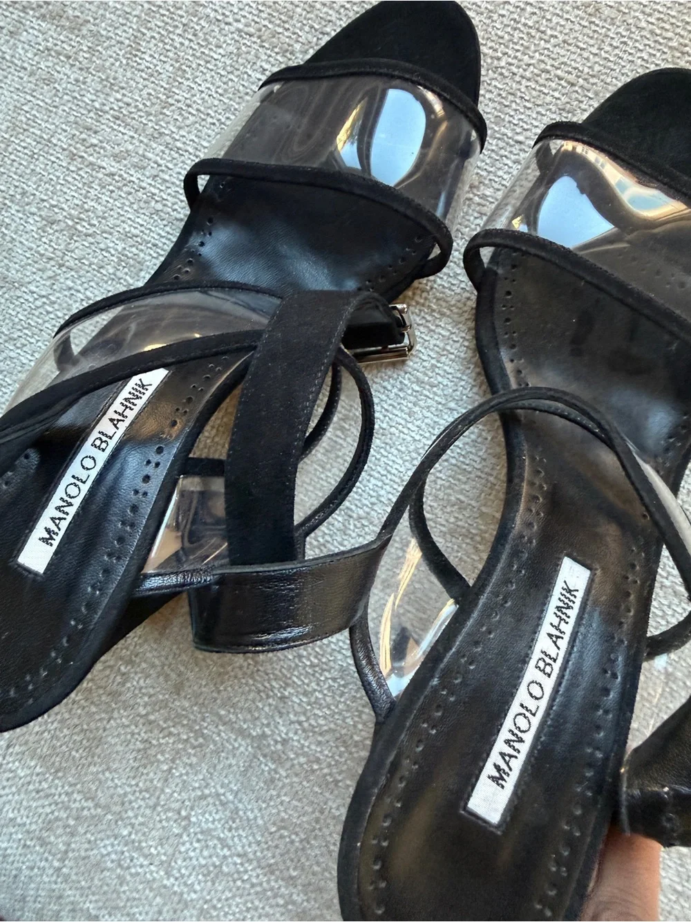 Manolo Blahnik Black Suede and Clear Strap Heeled Sandals